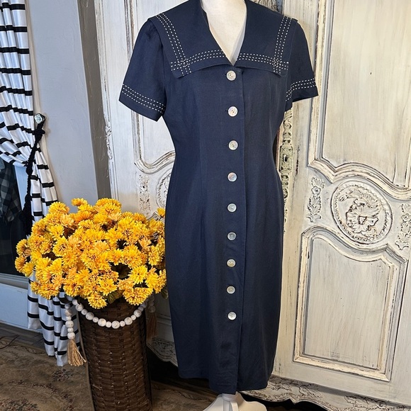 Cynthia Howie Navy Blue Linen Blend Sailor Dress with Shell Button Detail - Picture 1 of 8